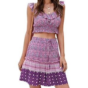 lijun Women 2pcs Boho Floral Outfit Set Ruffled Cami Crop Top and Pleated Mini Skirt