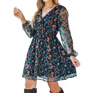 CUPSHE Women's Floral Print Chiffon A-Line Mini Dress Long Peasant Sleeves Elastic Autumn Dress Navy Floral L