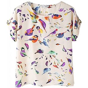 OUKIN Women's Colorful Bird Print Short Sleeve Chiffon Tee Tops T-Shirt Blouse