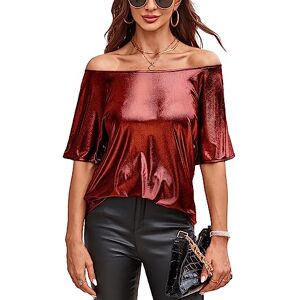 VIDUSSA Women's Shiny Off Shoulder Shirt Metallic Loose Short Sleeve Round Neck Club Blouse Tops Red M