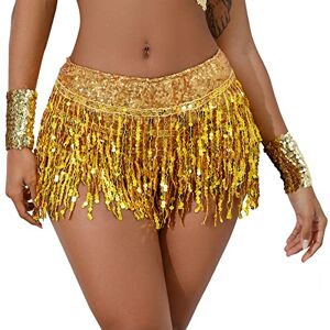 FEOYA Women's Sequin Tassel Skirts Shorts Rave Festival Hotpants Mini Sequin Tassel Shorts Costume Dance Bottoms B-Gold L