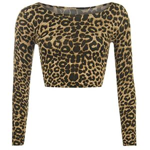 New Womens Crop Long Sleeve T Shirt Ladies Short Plain Round Neck Top Printed Summer Tees UK 8-14 (Brown Leopard UK 8-10)