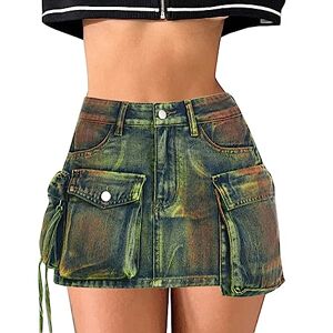 Glkaend Women's Low Waist Cargo Denim Skirt Y2k 90S Gothic Bodycon Mini Jean Short Skirt with Pocket,Green,S