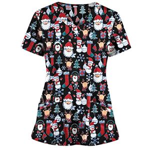 SHITOUJI Christmas Working Uniforms for Women Xmas Scrub Uniform Tunic Tshirts Short Sleeve V Neck Tops Snowman Printing Uniform Blouse Shirts