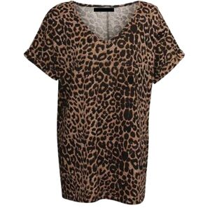 Kaz ZAFS Womens Plus Size Tops Ladies Summer Tops Going Out Blouse Ladies Tops Printed Turn Up Short Sleeved Shirt V Neck Loose Casual Baggy Oversized T Shirts for Women Brown Leopard 8-10