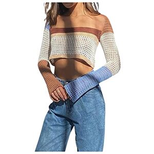 Acrawnni Women Y2k Long Sleeve Crop Top Crochet Knit Color Block Pullover Jumper Tops Loose Patchwork Shirts 90S Streetwear (Coffee, S)