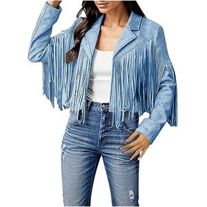 Women Fashion Fringe Faux Suede Leather Jackets Fashion Tassel Motorcycle Cropped Coats Thick Warm Winter Jacket for Women (Sky Blue-A, XL) Ladies Raincoat