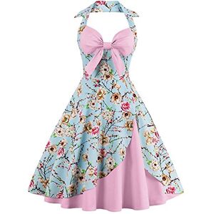 Women Retro Vintage 1950s 50s 60s Halter Neck Audrey Hepburn Style Casual Floral Print Flared Rockabilly Tea Party Cocktail A-Line Dress Light Pink L