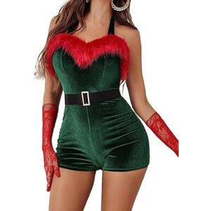 Achlibe Women's Mrs.Claus Costume, Sleeveless Faux Fur Trim Halter Romper Short Jumpsuit Bodysuit Lingerie with Belt (Green, M)