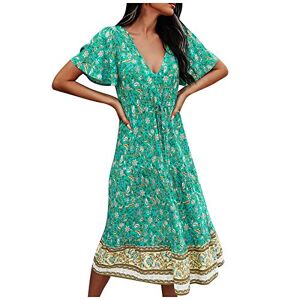 Janly Clearance Sale Women's Dress, Spring and Summer Woman's V-Collar Printed Belt Long-Style Short-Sleeved Dress, for Holiday Summer (Green-S