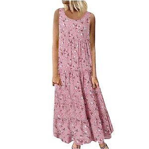 Generic L-012 Pink Womens Sleeveless Dresses Floral Loose Fit Dresses for Women Boat Neck Rayon Beach Lounge Bohemian Hawaiian Pleated Tropical Maxi Long Summer Fall Dresses 2024 XL