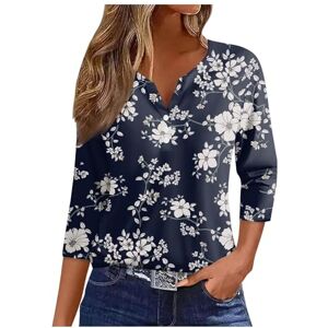 Generic Summer Women's V Neck Button 3/4 Sleeve Tops Floral Print Hawaiian Beach Tees Comfort Womens Tshirts Casual Office Work Shirts Loose Comfortable Top Navy