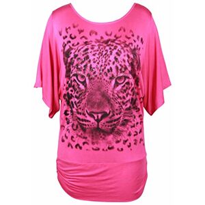 Purple Hanger Ladies Round Neck Animal Leopard Face Print Short Batwing Sleeve Silver Glitter Womens Stretch Long Top Cerise Size 28-30
