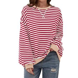 TERIVEEK Women Oversized Striped Color Block Long Sleeve Crew Neck Sweatshirt Casual Loose Pullover Y2K Shirt Top, Red White, L