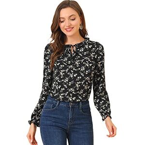 Allegra K Women's Ruffled Sleeve Blouse Frill Neck Self Tie Elegant Chiffon Floral Top Black M-12