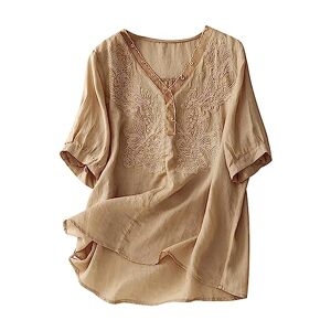 Thicc Women's Cotton Linen Shirts - Summer Casual Half Sleeve V-Neck Loose Floral Embroidery Boho Lightweight Dressy Blouse for Office Dailywear Shopping Weekend Tunic Tops (L,Khaki)