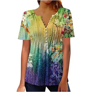 Summer Women Tops UK V Neck Button Down Henley Vintage Floral Graphic Short Sleeve Pleated Hide Belly Loose Fit Oversized Dressy Casual Tunic Shirts Gifts for Women Birthday Unique