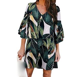 Generic Women's Elegant Dress Sweet Cute V-Neck Bell Sleeve Shift Dress Mini Dress Casual Loose Tunic Print Flowy Swing Dresses, Green, XX-Large