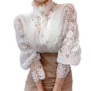 Febbabe Women Blouses 3/4 Lace Hollow Out Ruffle Sleeve Ladies Flower Patchwork Button Down Tunic Tops Vintage Stand Collar Loose Puff Blouse White XL