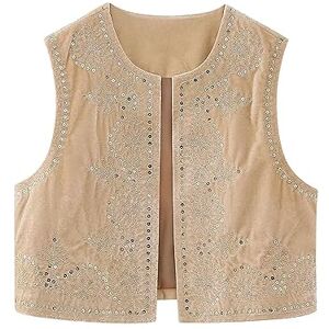 Xiximaon Women Y2K Embroidered Cardigan Vest Top Sleevelss Linen Open Front Blouse Crop Top Outwear Vest Summer Clothing (Light Khaki, M)