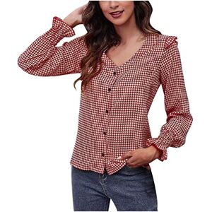 Amhomely Sale Clearance AMhomely Elegant Long Sleeve Blouses for Women Summer Casual Party Tunic Tops Women's V-Neck Houndstooth Print Ruffled Buttoned Long-Sleeved Elegant Blouses Top UK Size Loose Baggy Shirt