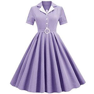 1950s Dresses for Women Plus Size Vintage Classy 50s Style Audrey Hepburn Short Sleeve Peter Pan Collar Rockabilly Retro Swing A Line Midi Summer Dress Skater Cocktail Party Prom Gown Purple plaid 2XL
