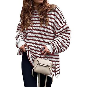 Dokotoo Women's Jumpers Striped Pullover Sweater Long Sleeve Crewneck Color Block Ladies Loose Casual Knit Tops UK Red L