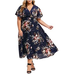 Janly Clearance Sale Plus Size Dress, Plus Size Ladies Floral Printed V-Neck Short Sleeve Casual Dress, Short Sleeve Printed Sundress, for Wedding Guest Women (Navy-4XL)