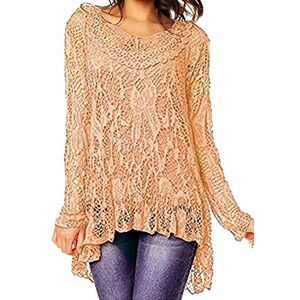 Summer Holiday Dip Hem Crochet Mesh Tunic Plus Size Vest Twin Top Lagenlook Lace Tunic Long Sleeve Dress R33 Celebmodelook &#174; Peach