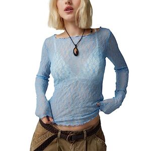 Betrodi Women Long Sleeve Textured Shirt Y2k Ruched Slim Mesh Top Pleated See Through Blouse Going Out Cropped Tee Top(Great Blue 3,M)