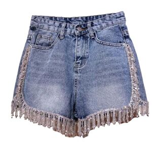 Wvapzxx Women Summer Crystal Embellished Denim Shorts Blue
