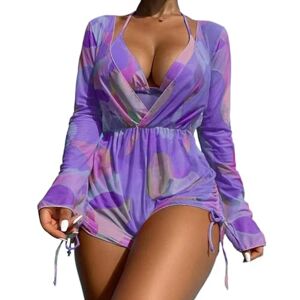 Jiqoe 3PCS Women Bathing Suit with Beach Cover Up Short Jumpsuit Romper, Halterneck Top and Low Waist Bottom Dark Violet