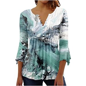 Haolei Tunic Tops for Women UK Long Length Button Down Shirt Sale Clearnce Floral Print Summer Tops Dressy Casual Bell 3/4 Sleeve Blouses Henley V Neck Spring Ladies T Shirts Size 8-16