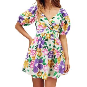 WLLDDDIU Womens Boho Beach A Line Summer Mini Short Dresses Puff Sleeve Floral Print Tie High Waist Hollow Out Dress Flowy Holiday Dress Casual Wrap waist Party Swing Dress L purple