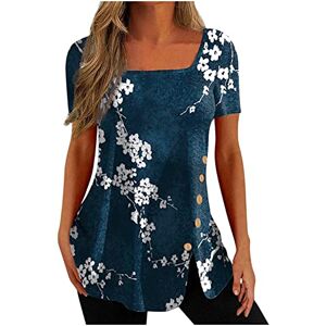 Haolei Tunic Tops for Women UK Clearance,Retro Vintage Printed T Shirt Ladies Loose Casual Square Neck Shirts Short Sleeve Graphic Longline Top Summer Tee Tops Blouse Long Length Tunics for Leggings Blue