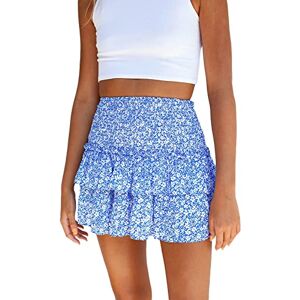 Femereina Women's Summer High Waist Ruffle Tiered Mini Skirt Floral Printed A-line Bohemian Layered Ruffled Beach Cute Skirt (Blue 1, M)