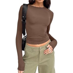 YILEEGOO Women's Casual Y2K Long Sleeve Slim Fit Tops Shirt Round Neck Tee Short Tops T-Shirt (Y2k-Brown, S)