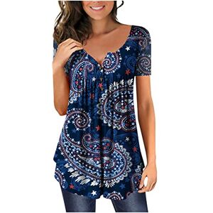 Amhomely Elegant Tops Summer Clothing AMhomely Womens Casual Henley T-Shirts Buton Up V Neck Short Sleeve Pleated Tunic Top Elegant Floral Print Swing Tops Blouse Hide Belly Cute Flowy Henley Tshirt Dressy Blouses for Leggings, X03 Blue