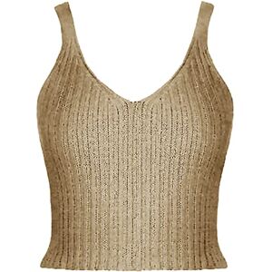 Womens Knitted Glittering Sleeveless Vest Ladies Metallic Lurex V Neck Crop Top Bralet (Gold UK 8-10)