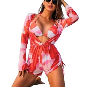 Jiqoe 3PCS Women Bathing Suit with Beach Cover Up Short Jumpsuit Romper, Halterneck Top and Low Waist Bottom Red