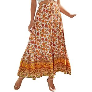 SotRong Women's Floral Print Boho Skirts Ladies Elastic High Waist Pleated A Line Midi Skirt Lightweight Summer Gypsy Skirts Flowy Holiday Beach Skirts White L