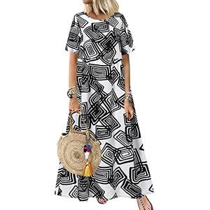 ZANZEA Women's Maxi Dress Short Sleeve Geometric Print Summer Dresses Elegant Long Beach Dress Cocktail Dress Geometric-Black M