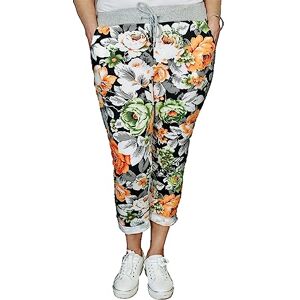 asfashion online Womens Elastic Waist Turn Up Italian Trousers Floral Print Side Pocket Drawstring Summer Pants (Orange Green Rose Print UK 20-22)