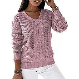 Achinel Cozy Sweater Womens Cable Knit Jumper V Neck Pullover Knitwear Casual Knitted Sweaters Tops Pink XXL