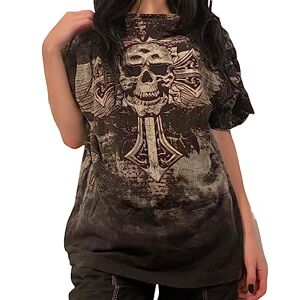 Betrodi Women Skull Print Grunge Shirt Short Sleeve Oversized Fairy Gothic Top Aesthetic Harajuku Baggy Tee Streetwear (Cute Dark Gray, M)
