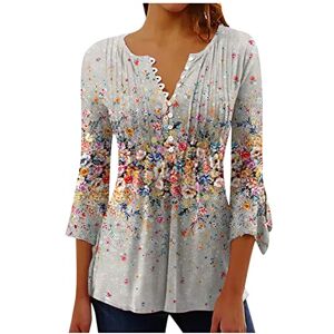 Mothers Day Gifts Summer 3/4 Tops for Women Pleated Bell Sleeve T Shirts V Neck Button Down Shirts Vintage Floral Print Pleated Tshirts Loose Casual Blouses Elegant Tunic Shirts Dressy Ladies Henley T-Shirts S-5XL