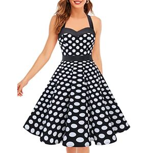 DRESSTELLS Women Vintage 1950s Cocktail Prom Polka Dot Dress, 50s 60s Retro Pinup Formal Wedding Party Halter Rockabilly Swing Dress Black White Dot S