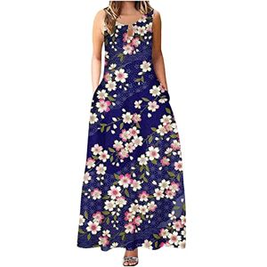 Women Summer Sleeveless Floral Print Crew Neck Maxi Slim Dress Boho Beach Long Sundress with Pockets Corsets Dress for Women Plus Size Womens Dresses for Special Occasions