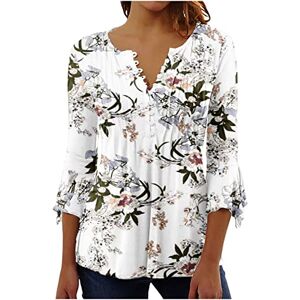 Haolei Tunic Tops for Women UK Clearance Long Length Button Down Shirt Floral Print Summer Tops Dressy Casual Bell 3/4 Sleeve Blouses Henley V Neck Spring Ladies T Shirts Size 8-16 White