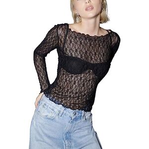 Betrodi Women Long Sleeve Textured Shirt Y2k Ruched Slim Mesh Top Pleated See Through Blouse Going Out Cropped Tee Top(Great Black 3,L)